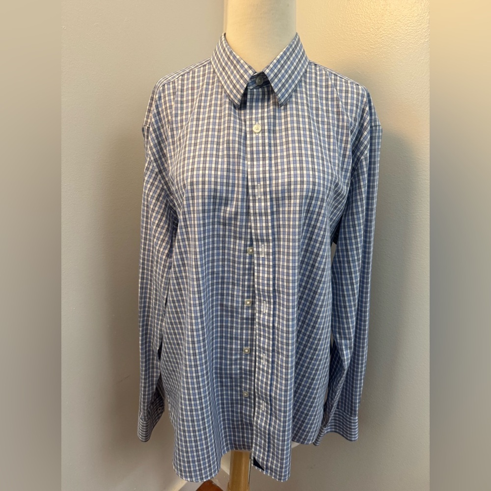 Untuckit Mens Blue White Check LS Shirt 100% Cotton Sz L Anti-Wrinkle NEW